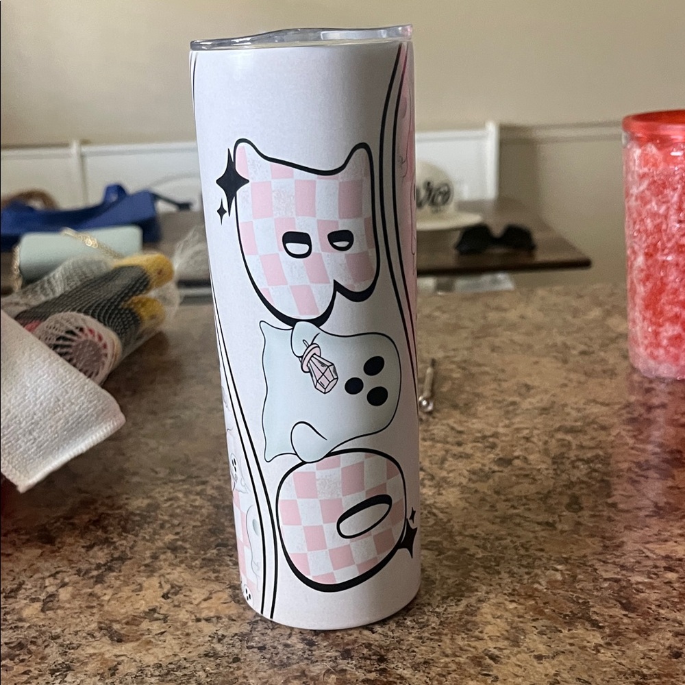 Cute Ghost Tumbler with Pink and White Design